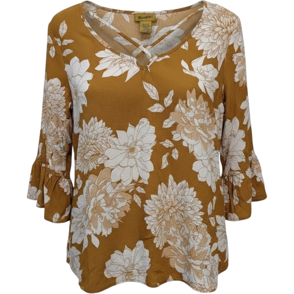 Wrangler Yellow Floral Print Blouse Crisscross V-neckline Trumpet sleeves Size M